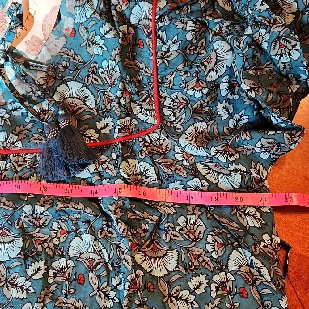 BOG Bohemian Floral Sheath V-Neck 1/2 Sleeve Mini Dress, Small, Teal & White